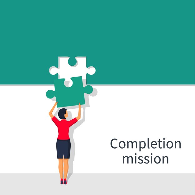 Vector completion mission concept. businesswoman standing with back holding puzzle in hands putting in jigsaw. business metaphor. vector illustration flat design. successful implementation plan. execute plan