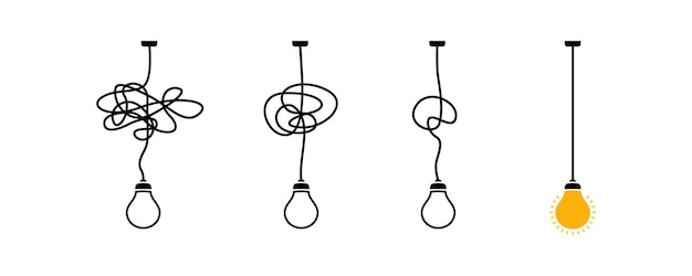 Complex complicated process easy solution, simplify problem,untangling mess knot in simple line, simplest right way, good idea concept vector