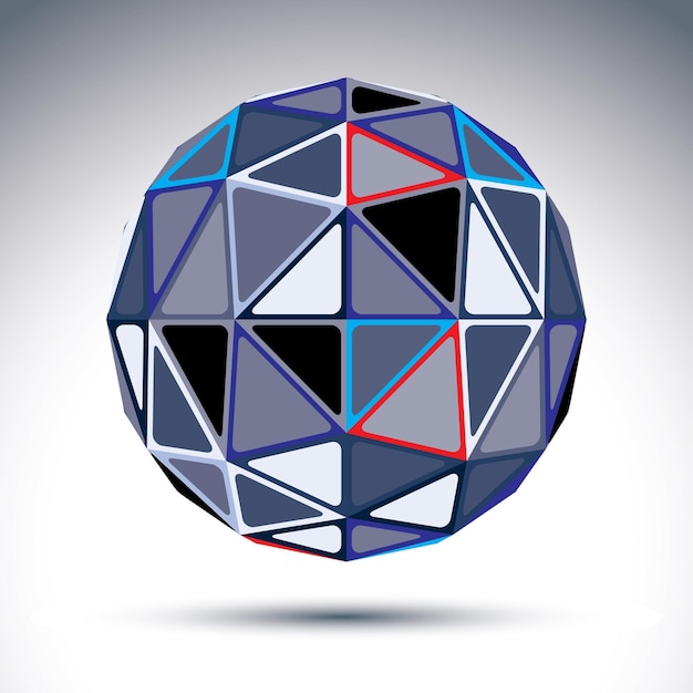 Complicated gray urban spherical object, 3d fractal metal disco ball constructed from isosceles triangles with outline, geometric illustration with a kaleidoscope visual effect.