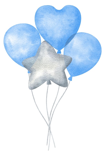 Composition of balloons gray and blue color festive clipart aerodesign in the shape of a heart a star a ball