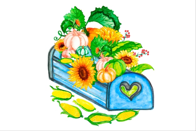 Vector composition of a basket with a bouquet of flowers and a pumpkin.sunflowers. watercolor drawing.