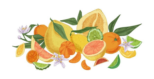 Vector composition of different tropical citrus fruits. fresh juicy orange, lemon, bergamot, grapefruit, lime, mandarin, tangerine and pomelo. colored vector illustration isolated on white background.