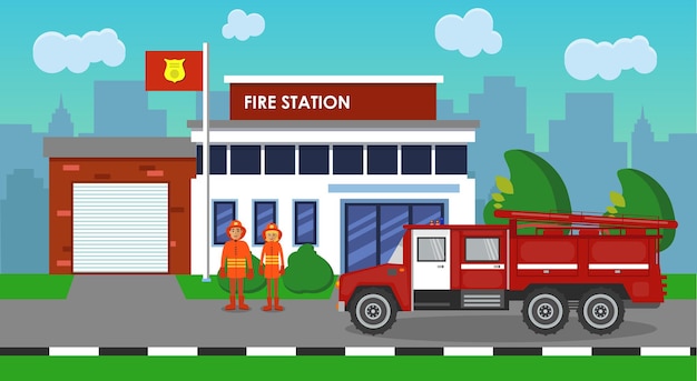 The composition of the fire truck and fire station Vector illustration