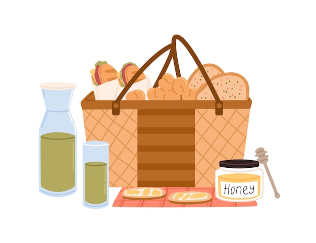 Composition of picnic basket with sandwiches and fruits, glass bottle of juice, sliced bread and jar of honey. Colorful flat vector illustration isolated on white background.