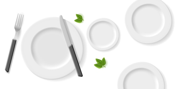 Vector composition of realistic empty plates for dishes with cutlery and green leaf elements