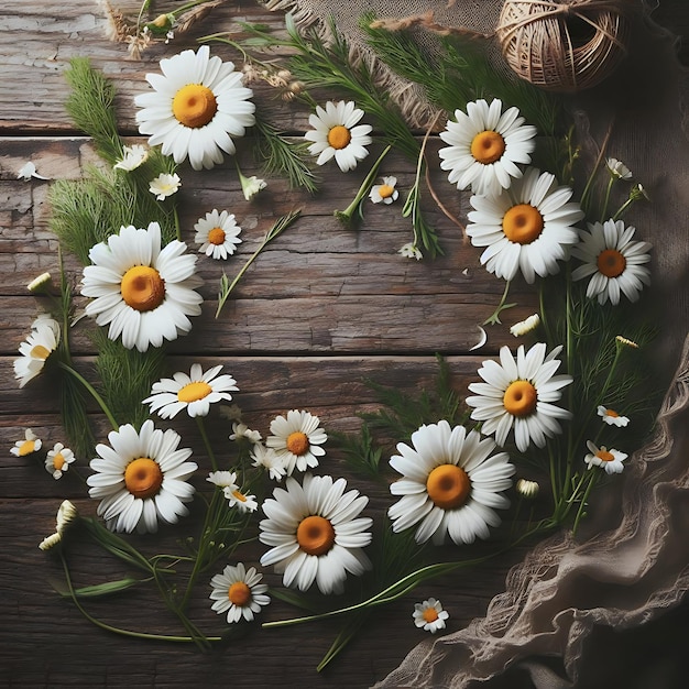 Composition of various chamomile blossom with white petals and yellow pistils on soft blue backgroun