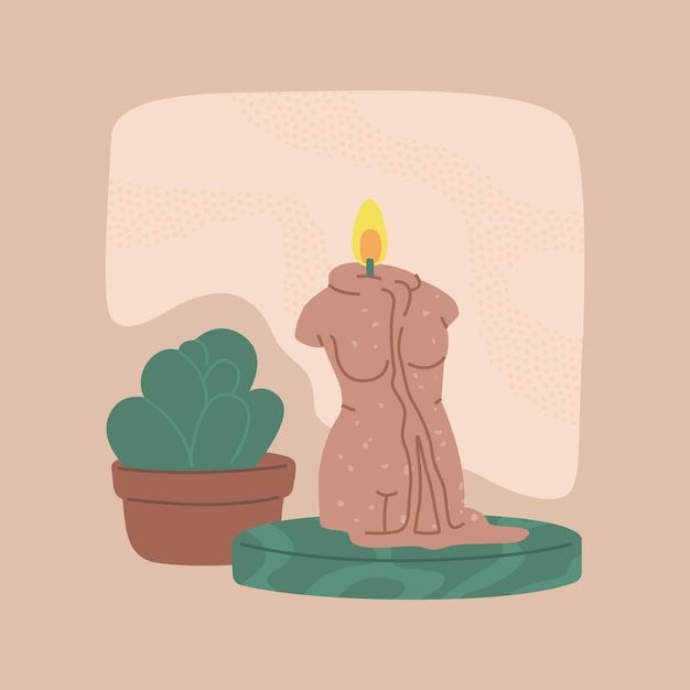 Composition with beautiful female body shaped candle and succulent in a pot