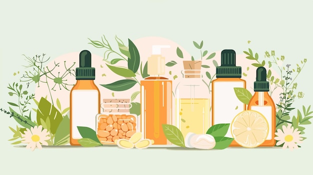 Vector composition with bottles of essential oil and natural ingredients