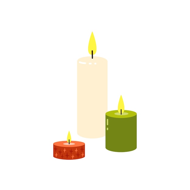 Composition with cute lit scented candles Hand drawn in doodle style paraffin candles Vector