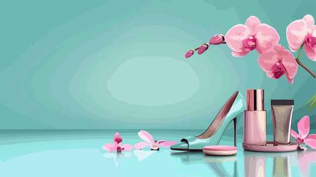 Vector composition with female shoes cosmetics and orchid flower