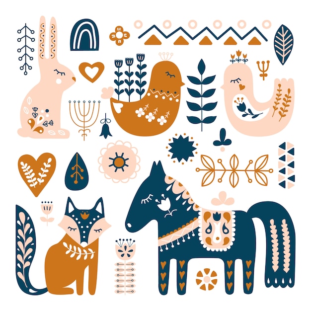 Composition with Folk art animals and decorative elements. 