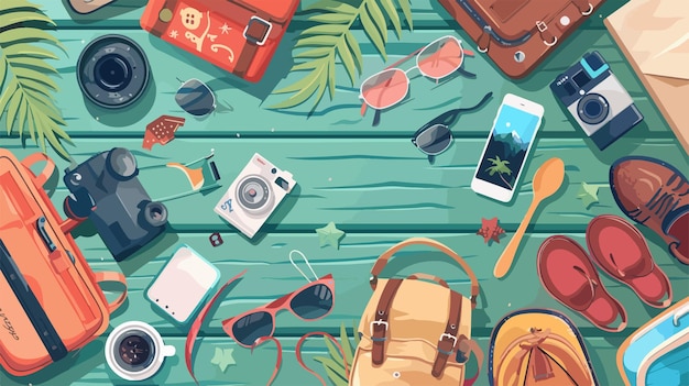 Vector composition with tourists stuff on wooden background