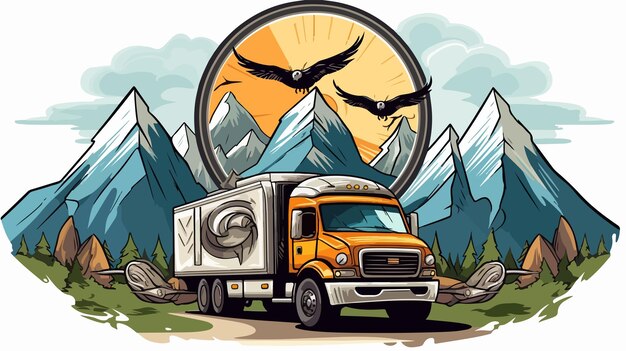 Vector composition with truck compass mountain and eag