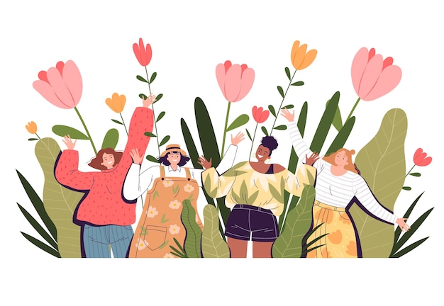 Composition of young joyful women waving their hands among spring flowers and leaves Multicultural girls laugh together and celebrate holiday Cartoon flat 