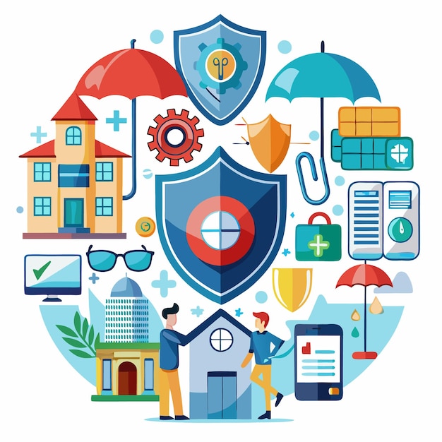 Vector comprehensive insurance concept with house shield umbrella and people