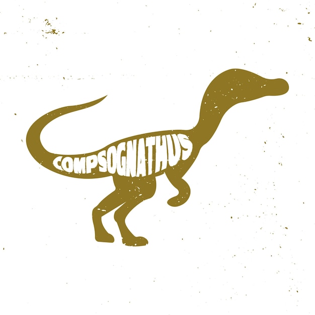 Compsognathus or Compy colorful dinosaur with lettering and texture. Vector illustration.