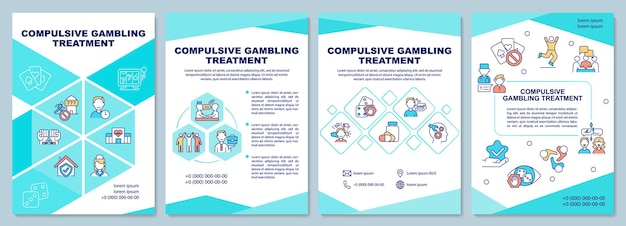 Compulsive gambling treatment turquoise brochure template. Booklet print design with linear icons. Vector layouts for presentation, annual reports, ads. Arial-Black, Myriad Pro-Regular fonts used