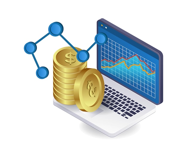 Computer analysis of business development infographics flat isometric 3d illustration