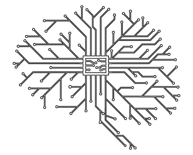 Computer board in the form of a human brain in black with a processor Editable stroke Abstract illustration of scientific technology Isolated on white Flat style Vector illustration