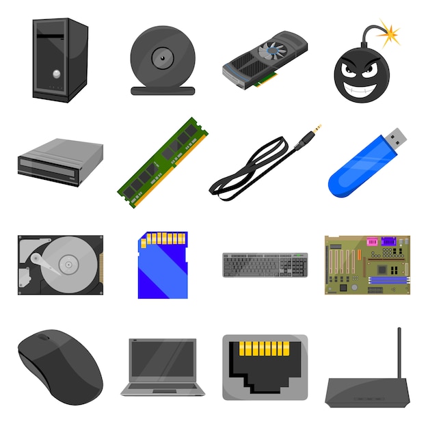 Computer cartoon vector icon set. Vector illustration of personal computer.