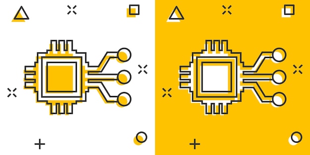 Computer chip icon in comic style Circuit board cartoon vector illustration on white isolated background Cpu processor splash effect business concept