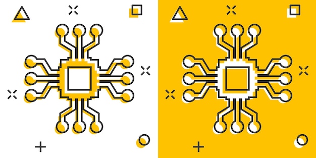 Computer chip icon in comic style Circuit board cartoon vector illustration on white isolated background Cpu processor splash effect business concept