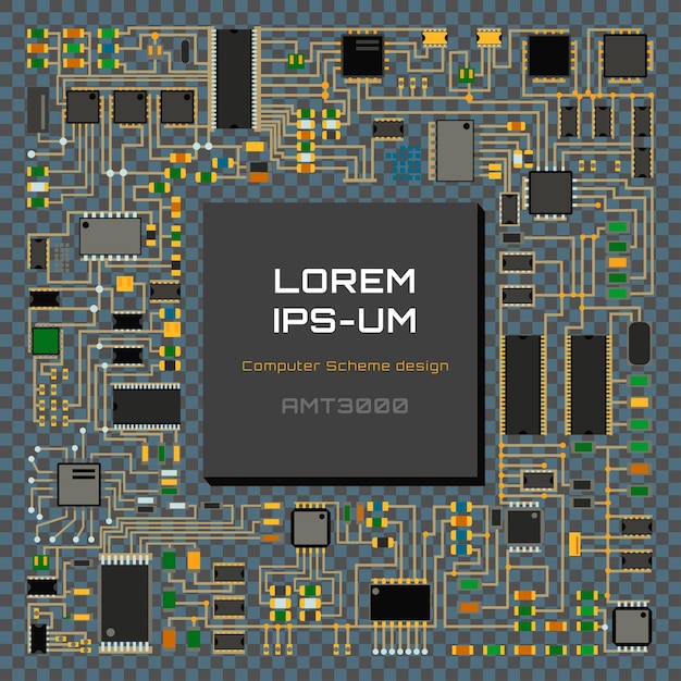 Computer chip technology processor circuit motherboard information system vector illustration