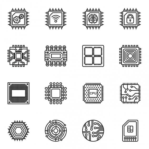 Computer Chips and Electronic Circuit icons set