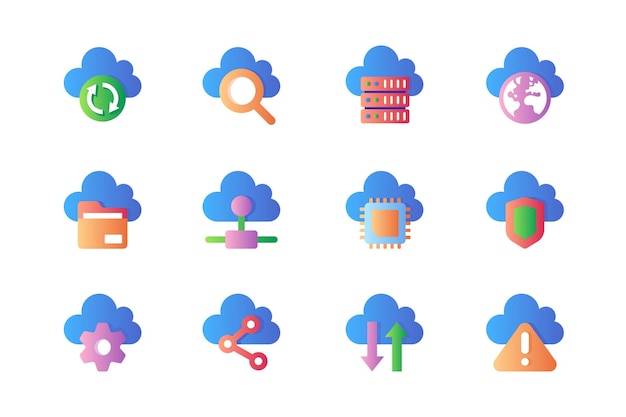 Computer cloud icons set in color flat design Pack of sync search database equipment internet file information access microchip data and other Vector pictograms for web sites and mobile app