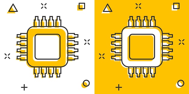 Computer cpu icon in comic style Circuit board cartoon vector illustration on white isolated background Motherboard chip splash effect business concept