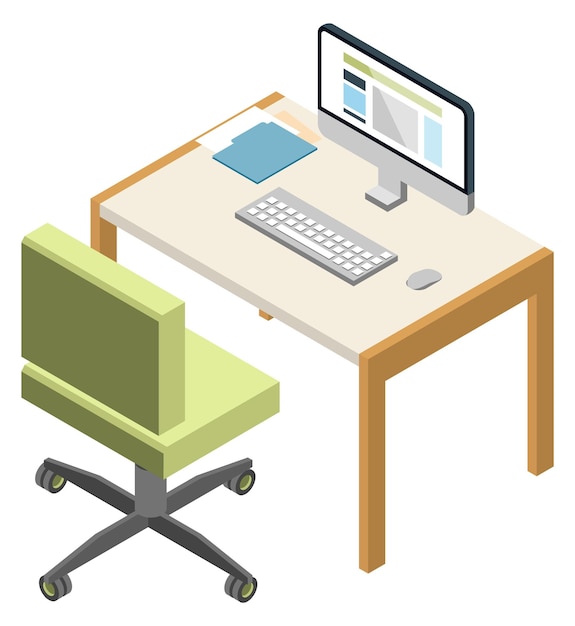 Computer desk and chair isometric icon Remote workplace