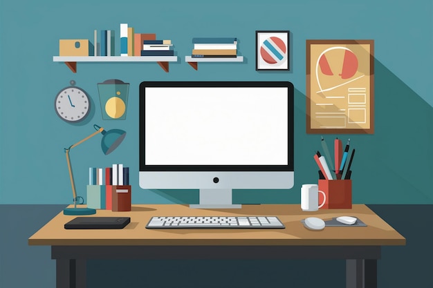 a computer desk with a blue wall and a picture of a computer monitor and a calendar on the wall