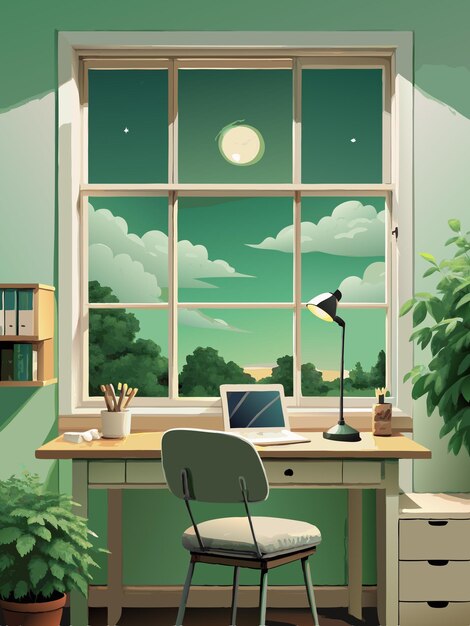 Vector a computer desk with a laptop and a moon on the window