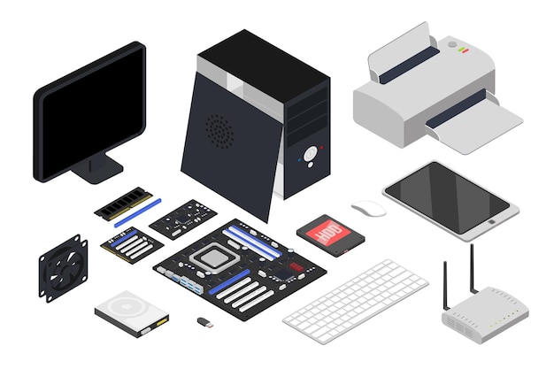 Computer devices isometric illustrations set Printer keyboard processor tablet network router