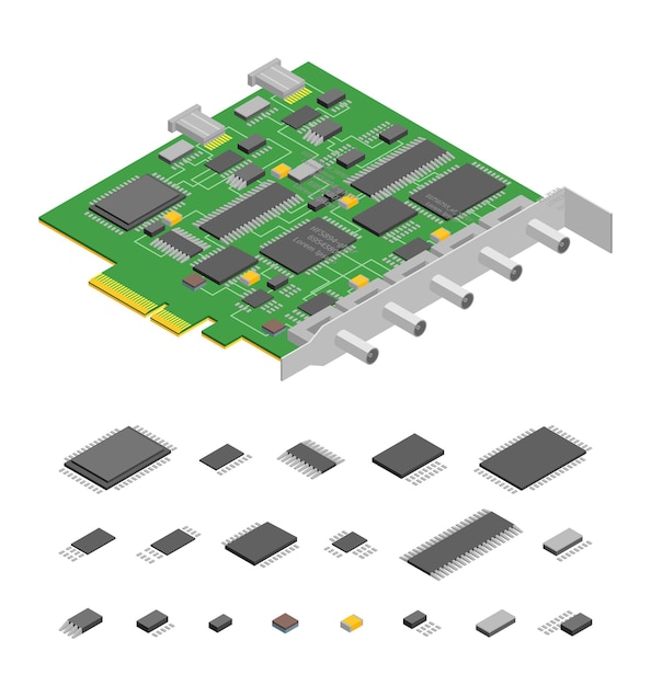 Computer Electronic Circuit Board Component Pc and Elements Part Isometric View Vector