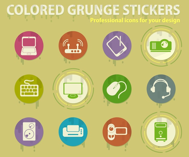 Computer equipment colored grunge icons