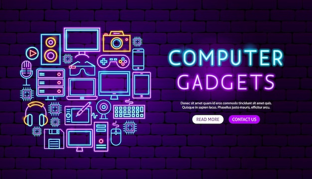 Computer Gadgets Neon Banner Design. Vector Illustration of Electronics Promotion.