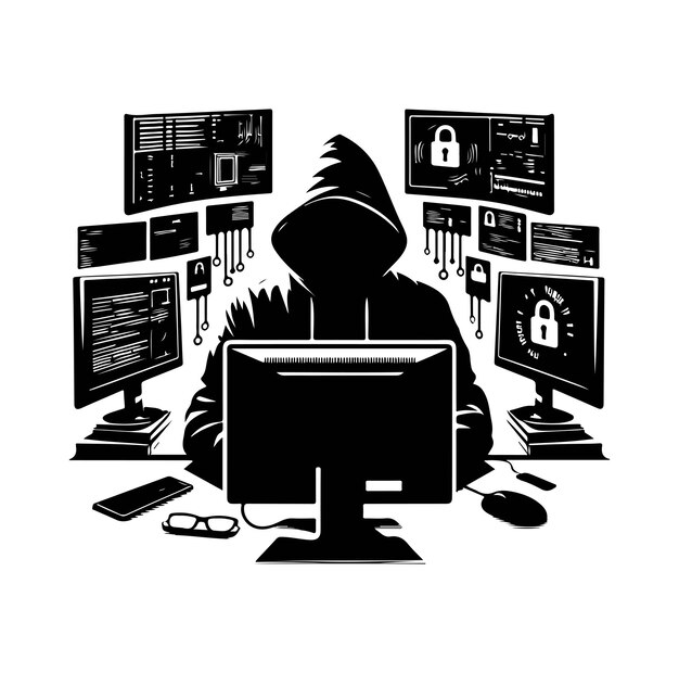 Vector computer hacker with laptop icon illustration silhouette vector