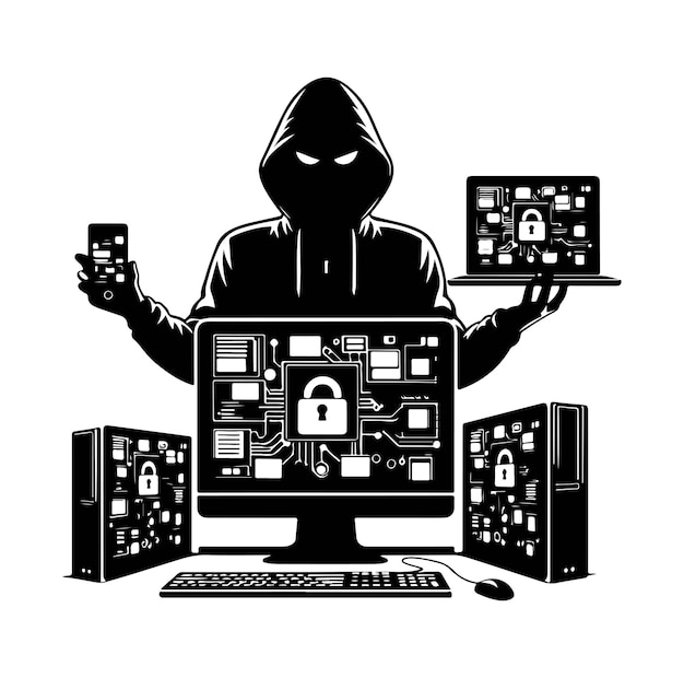 Vector computer hacker with laptop icon illustration silhouette vector