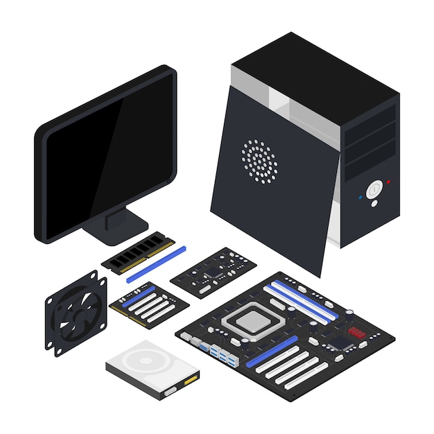 Computer hardware isometric illustration, processor, motherboard, hard drive, fan isolated  clipart.