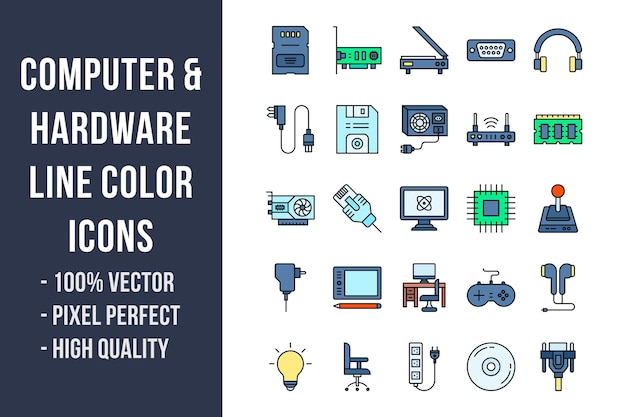 Computer and Hardware Line Color Icons