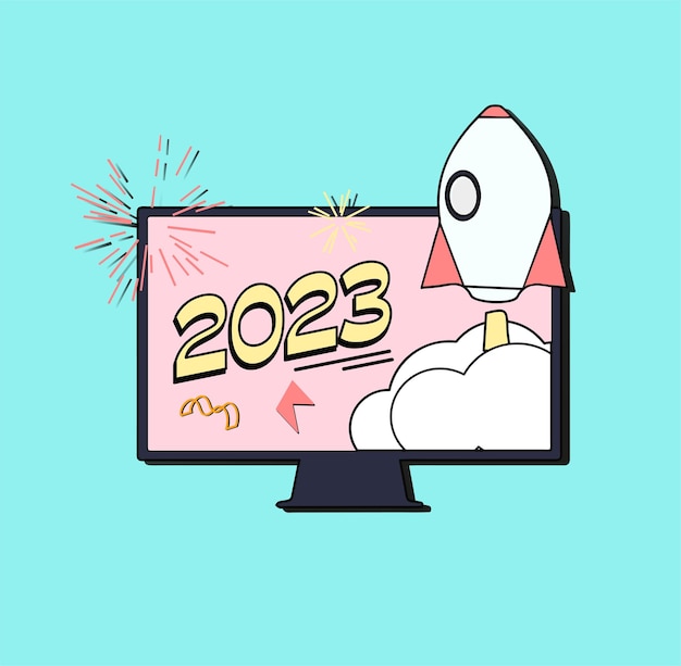 Computer illustration celebrating 2023 with a rocket indicating success