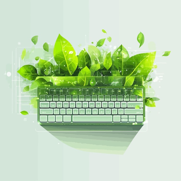 Vector a computer keyboard with green leaves and a green leaf on the top