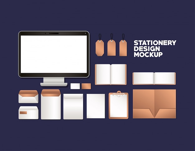 computer and mockup set on blue background of corporate identity and stationery design theme Vector illustration