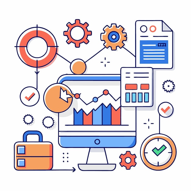 Vector a computer monitor displaying a bar chart with a rising trend line there are various icons and symbols around the monitor suggesting a workflow process or system