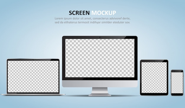 Computer monitor, laptop, tablet and smartphone with blank screen
