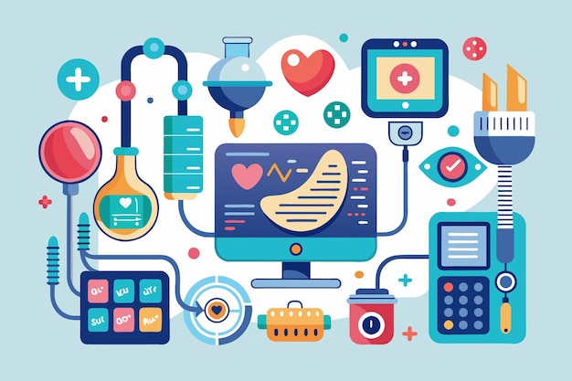 Vector a computer monitor stands in the center encircled by various medical equipment in a clinical setting sonography customizable disproportionate illustration