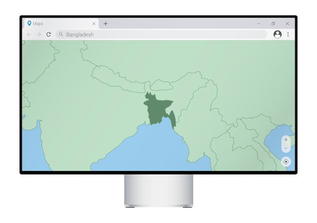 Computer monitor with map of Bangladesh in browser, search for the country of Bangladesh on the web mapping program.