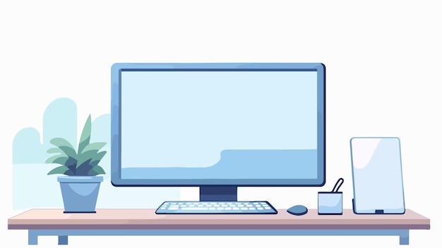 a computer monitor with a plant in the corner