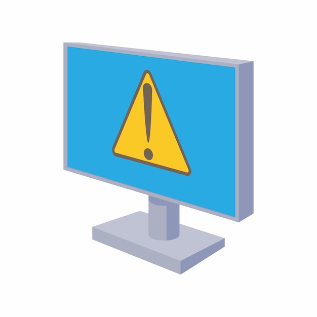 Computer monitor with a warning sign icon in cartoon style on a white background